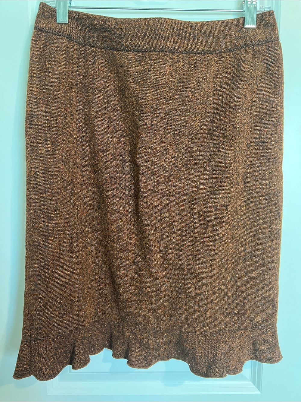 Club Monaco Brown Tweed Pencil Skirt with Subtle Ruffle Hem